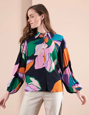 Foil Shirt with Volume Sleeve Abstract Midnight TP13429