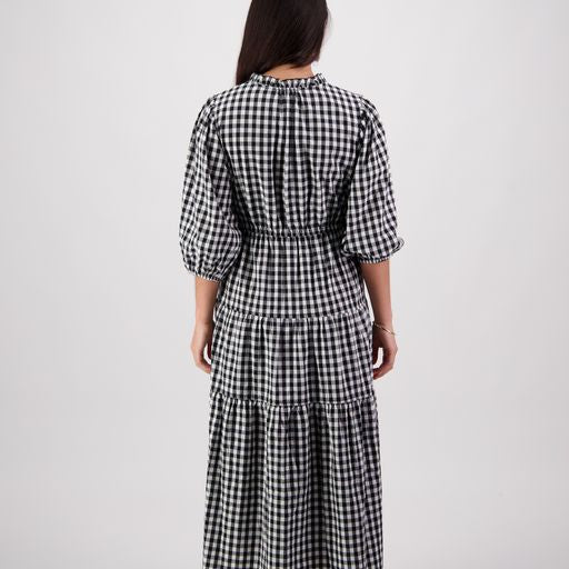 Vassalli 6091 Black Check Long Dress With Elbow Length Sleeve