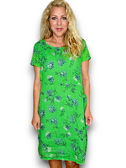 Helga May Bright Green Petals of Blue Linen Jungle Dress 163652