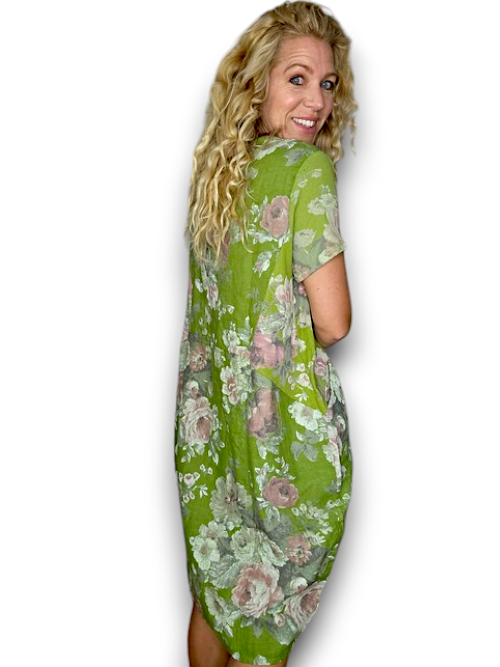Helga May Green Scarlett Rose Jungle Dress Linen 163750
