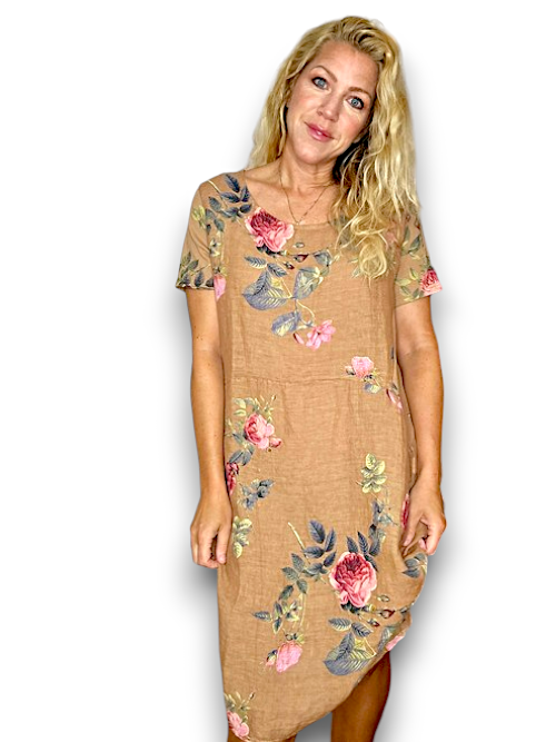 Helga May Caramel Thorn Rose Jungle Dress in Linen 163976
