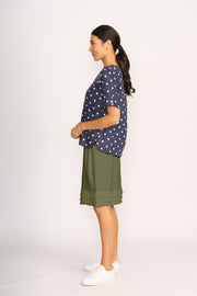 Foil Navy Spot Pleat Back Top Linen TP14551