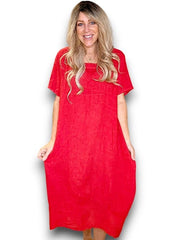 Helga May Linen Red Plain Mid Sleeve Maxi Dress 4932031