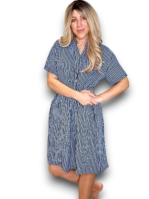 Helga May Linen Stripe Midi Coconut Button Dress