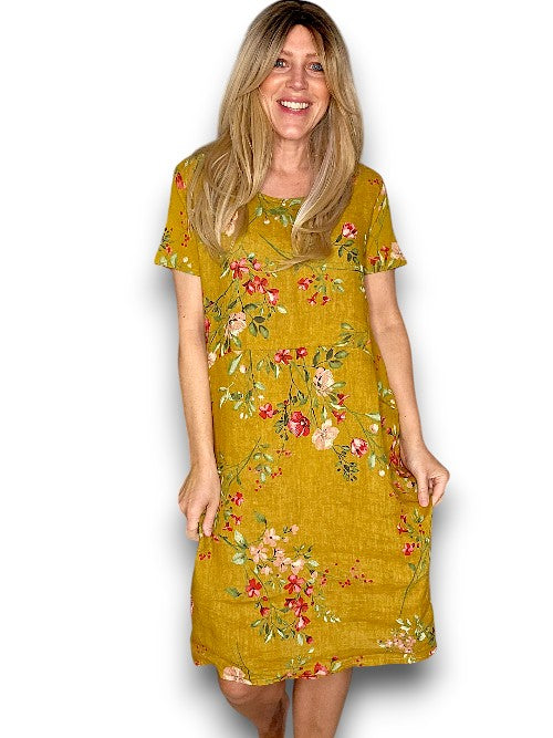 Helga May Linen Mustard Lingonberry Jungle Dress