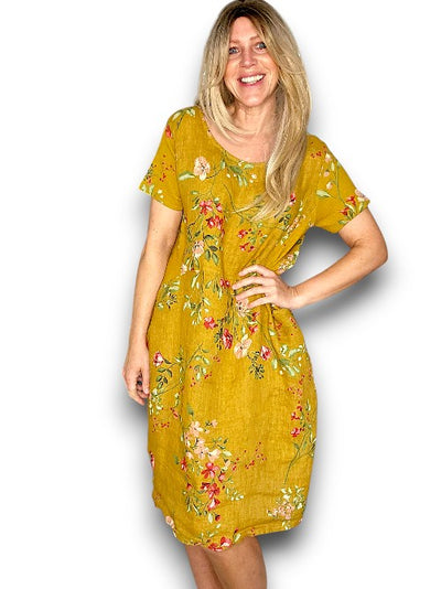 Helga May Linen Mustard Lingonberry Jungle Dress