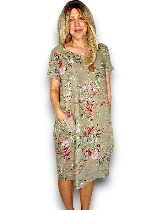 Helga May Linen Lingonberry Jungle Dress Mocha