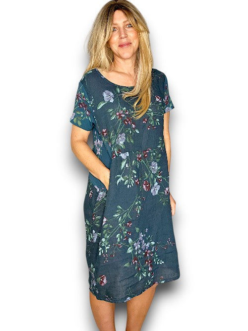 Helga May Linen Lingonberry Jungle Dress Dark Jade