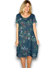 Helga May Linen Lingonberry Jungle Dress Dark Jade