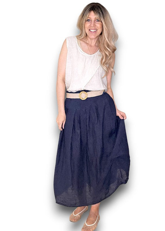 Helga May Midi Raffia Belt Linen Skirt