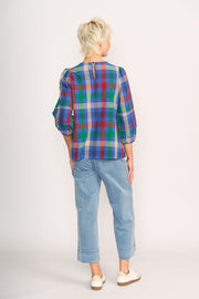 Memo Blue Check Pintuck Volume Sleeve Top TP14050