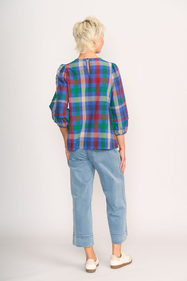 Memo Blue Check Pintuck Volume Sleeve Top TP14050