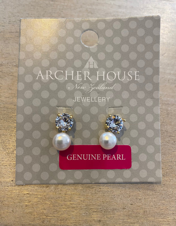 Archer House Diamante and Genuine Pearl Stud Earrings Cream 128