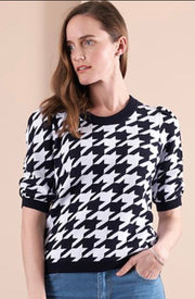 Foil Houndstooth Sweater with Rouched Sleeve Tp13413