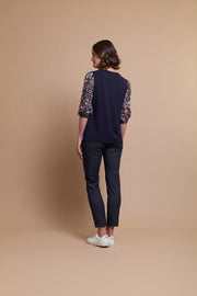 OH Three Contrast Puff Sleeve Top in Navy Fantasy TP13240