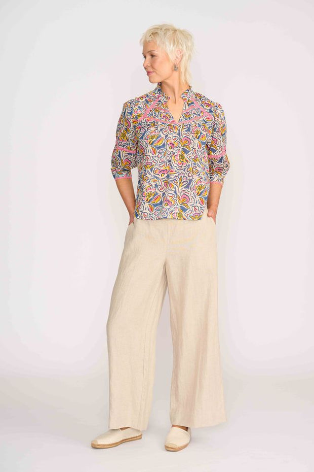 Foil Denim Floral Trim Insert Blouse TP14287
