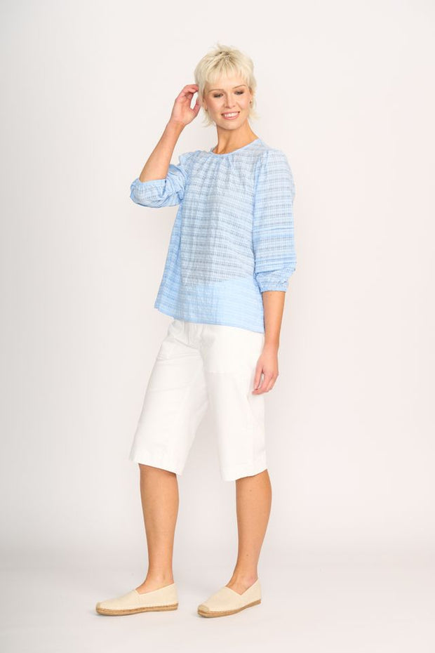Memo Sky Check Pintuck Volume Sleeve Top TP14050