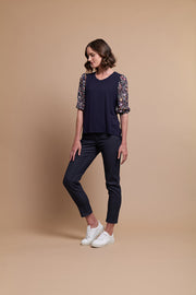 OH Three Contrast Puff Sleeve Top in Navy Fantasy TP13240