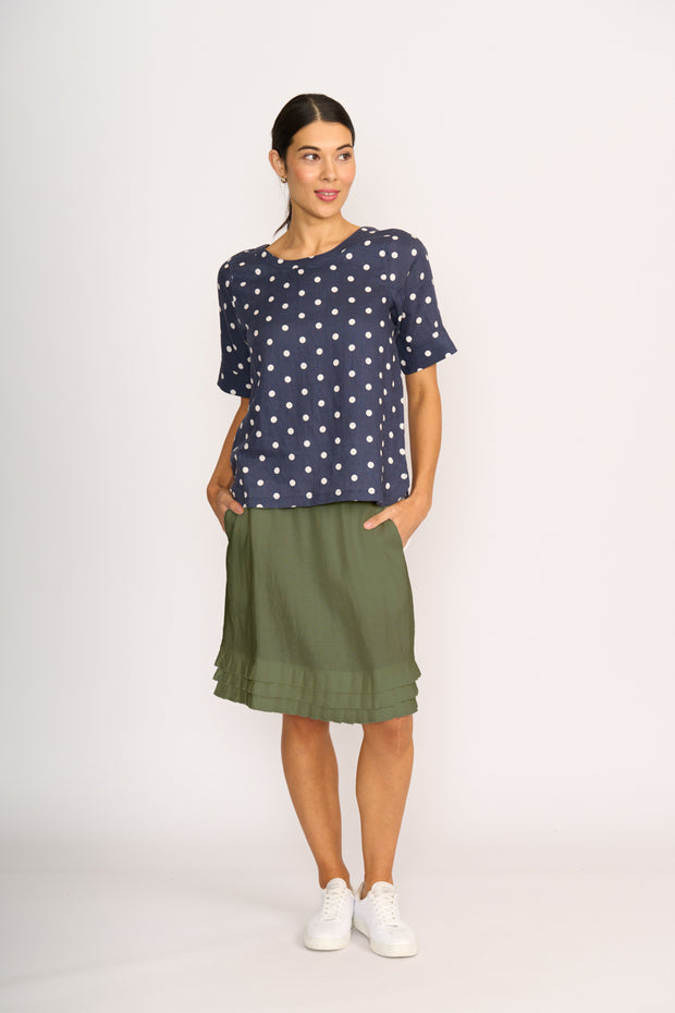 Foil Navy Spot Pleat Back Top Linen TP14551