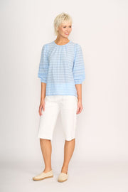 Memo Sky Check Pintuck Volume Sleeve Top TP14050