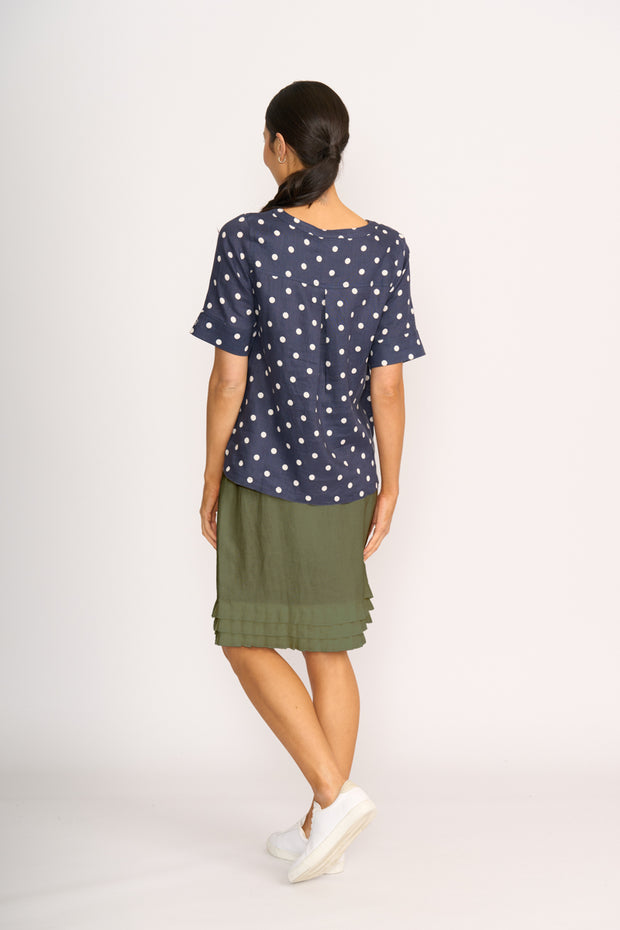 Foil Navy Spot Pleat Back Top Linen TP14551
