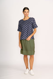 Foil Navy Spot Pleat Back Top Linen TP14551