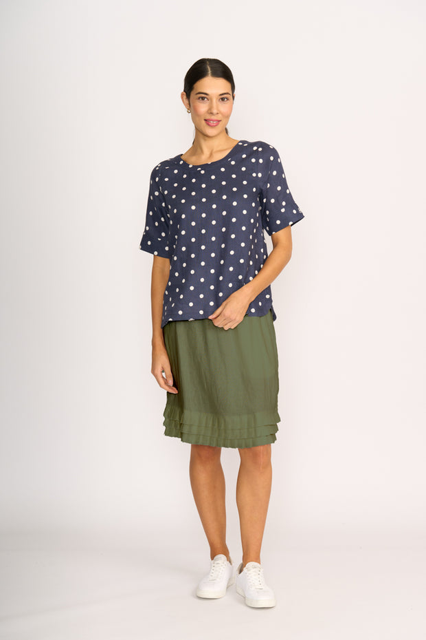 Foil Navy Spot Pleat Back Top Linen TP14551