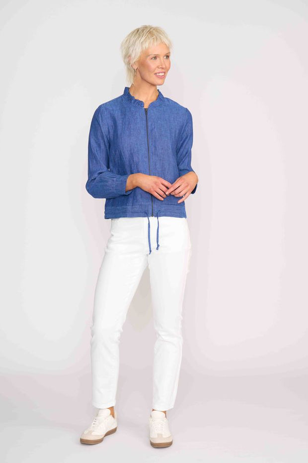 Foil Linen Ruffle Neck Jacket in Denim Blue TP14545