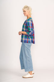 Memo Blue Check Pintuck Volume Sleeve Top TP14050