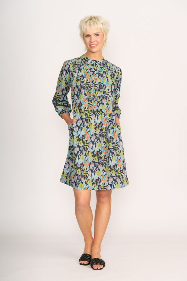 Foil Navy Floral Pintuck and Lace Dress TP14547