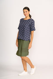 Foil Navy Spot Pleat Back Top Linen TP14551