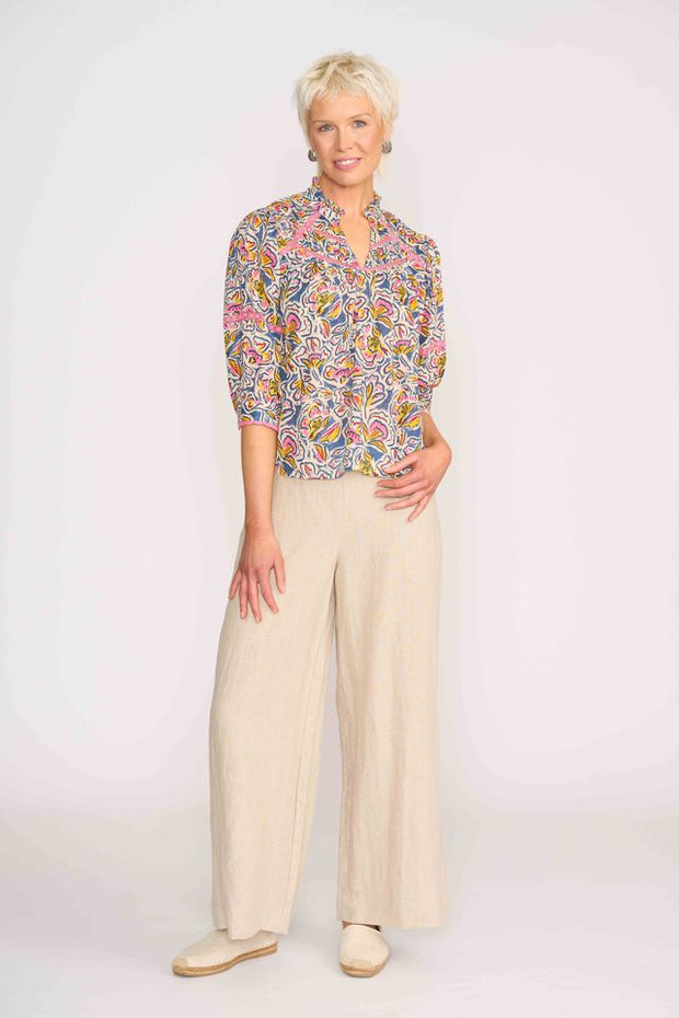 Foil Denim Floral Trim Insert Blouse TP14287