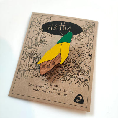 Natty Kowhai Flower Rimu Brooch J83