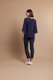 OH Three Navy Check Linen Ruffles Top with Scoop Hem TP13937