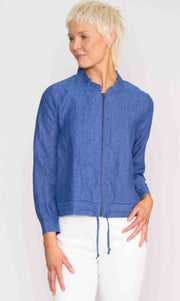 Foil Linen Ruffle Neck Jacket in Denim Blue TP14545