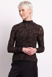 Foil Chocolate Paisley Long Sleeve Polo Neck Top TP12170