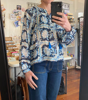 Memo Tassel Blouse in Denim Floral Check TP14301
