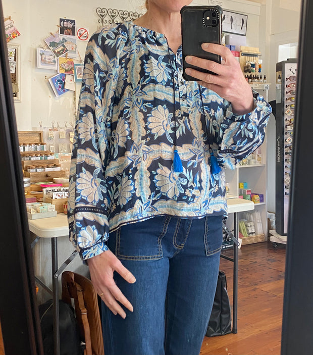 Memo Tassel Blouse in Denim Floral Check TP14301