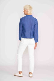 Foil Linen Ruffle Neck Jacket in Denim Blue TP14545
