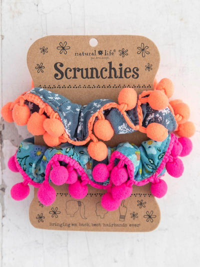 Natural Life Pompom Scrunchies Set Of Two Floral Pink 000021