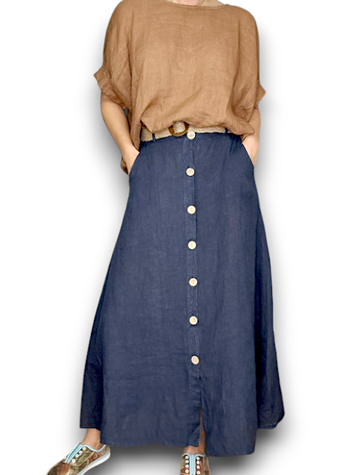 Helga May Midi Length Linen Skirt with Raffia Belt