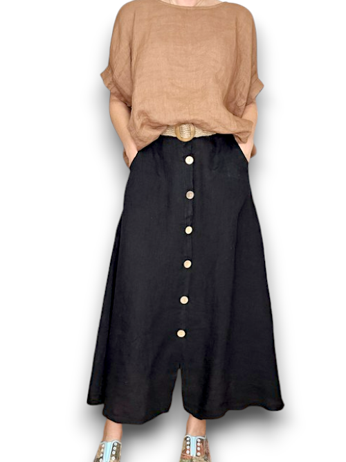 Helga May Midi Length Linen Skirt with Raffia Belt