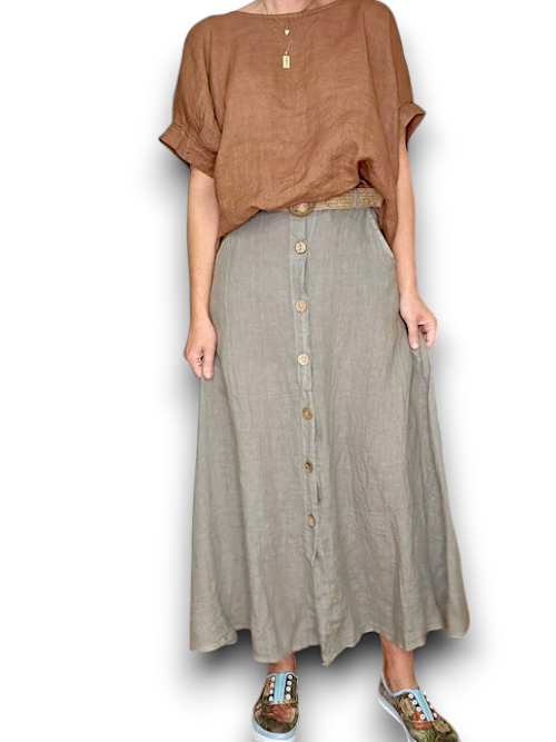 Helga May Midi Length Linen Skirt with Raffia Belt