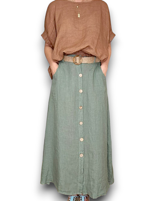 Helga May Midi Length Linen Skirt with Raffia Belt