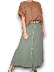 Helga May Midi Length Linen Skirt with Raffia Belt