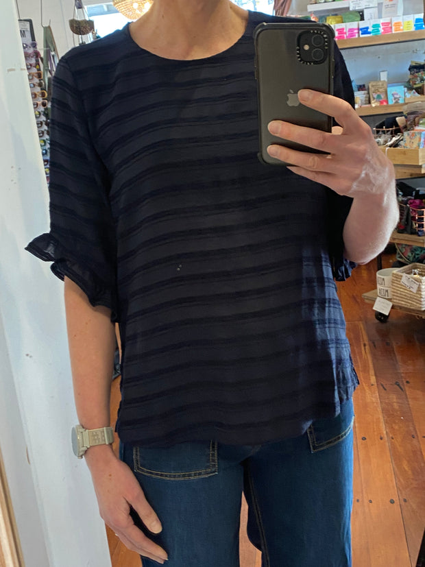 Preen Scoop Ruffle Sleeve Top in Navy Stripe TP14677