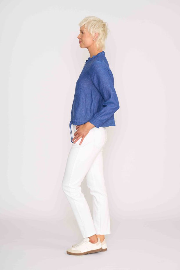 Foil Linen Ruffle Neck Jacket in Denim Blue TP14545