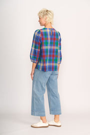 Memo Blue Check Pintuck Volume Sleeve Top TP14050