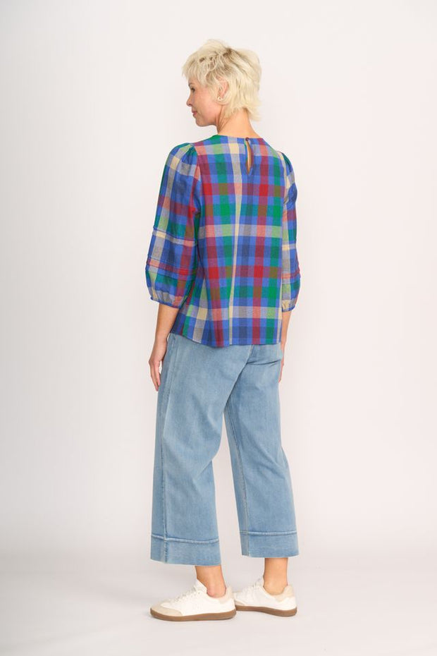 Memo Blue Check Pintuck Volume Sleeve Top TP14050