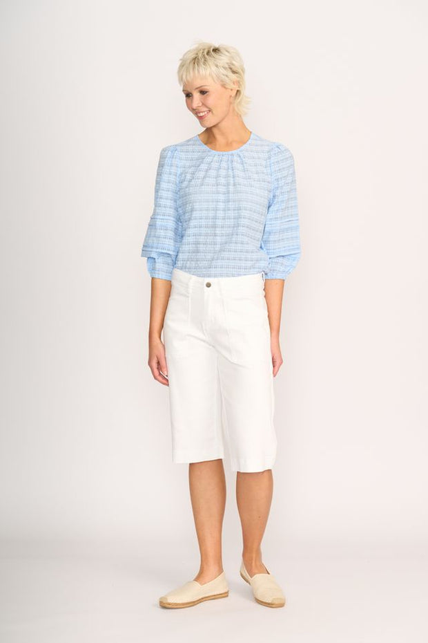 Memo Sky Check Pintuck Volume Sleeve Top TP14050